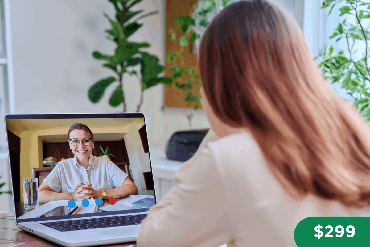 Female talking on laptop to another person